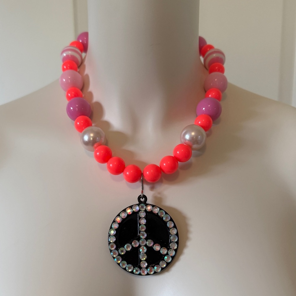 Upcycled Chunky Pink and White Peace Sign Necklace